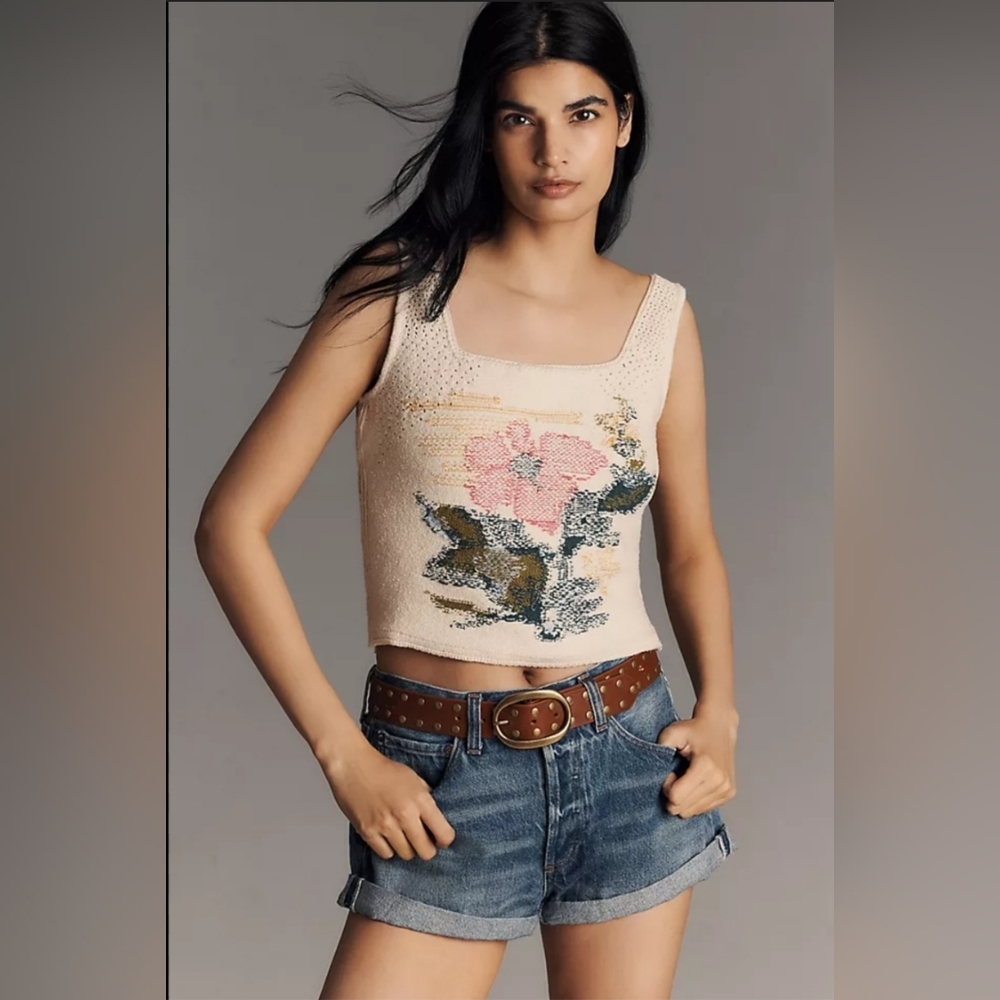 Anthropologie Floral Knit Square-Neck Tank Top - Cream with Pink Floral Size XL - Picture 3 of 8